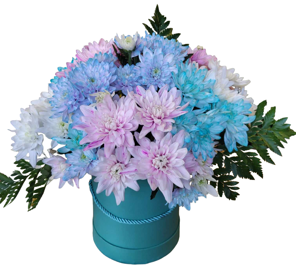 Bouquet with blue, pink and white flowers.